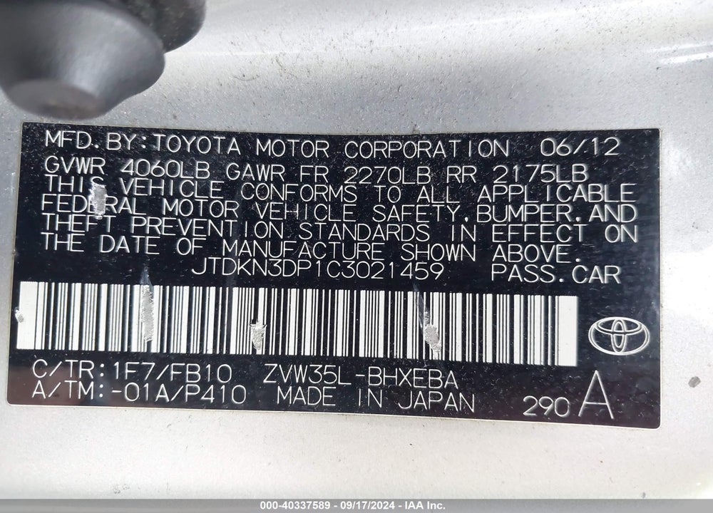 2012 TOYOTA PRIUS PLUG-IN VIN: JTDKN3DP1C3021459