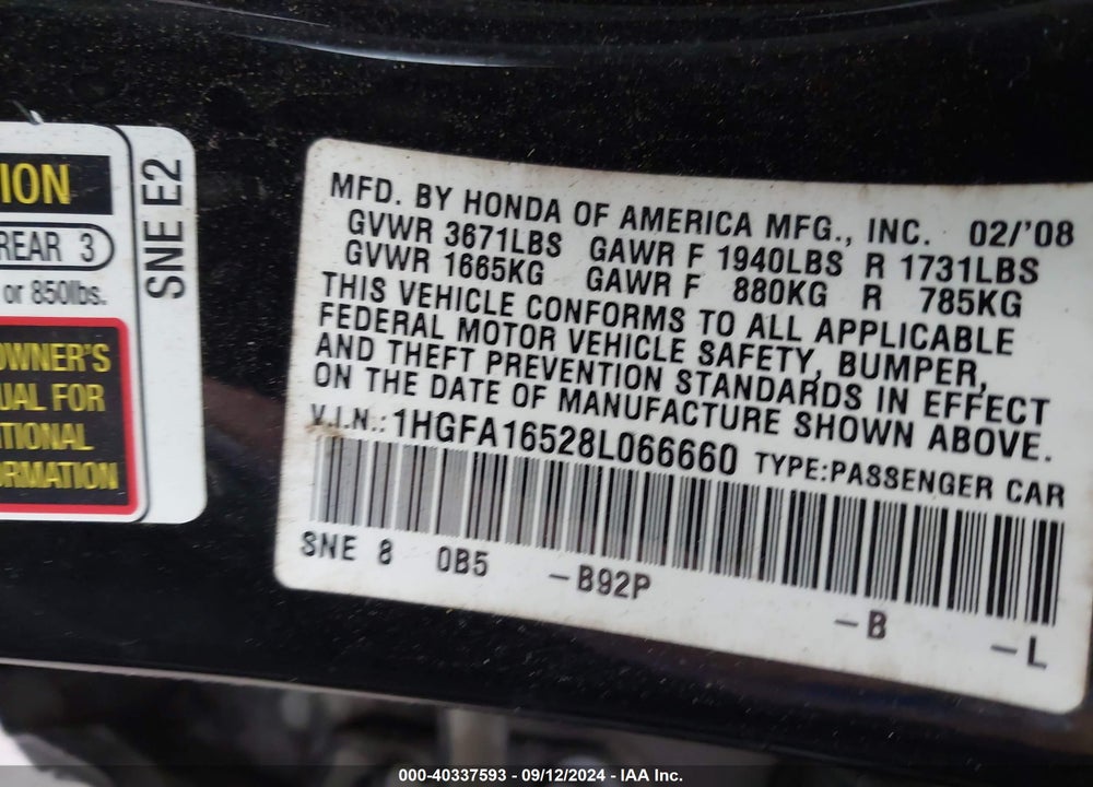 2008 HONDA CIVIC LX VIN: 1HGFA16528L066660