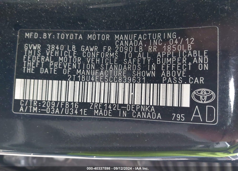 2012 TOYOTA COROLLA LE VIN: 2T1BU4EE5CC839631