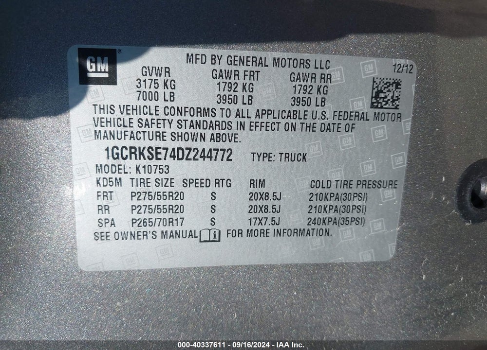 2013 CHEVROLET SILVERADO 1500 LT VIN: 1GCRKSE74DZ244772