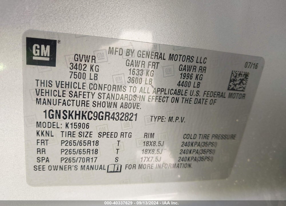 2016 CHEVROLET SUBURBAN LT VIN: 1GNSKHKC9GR432821