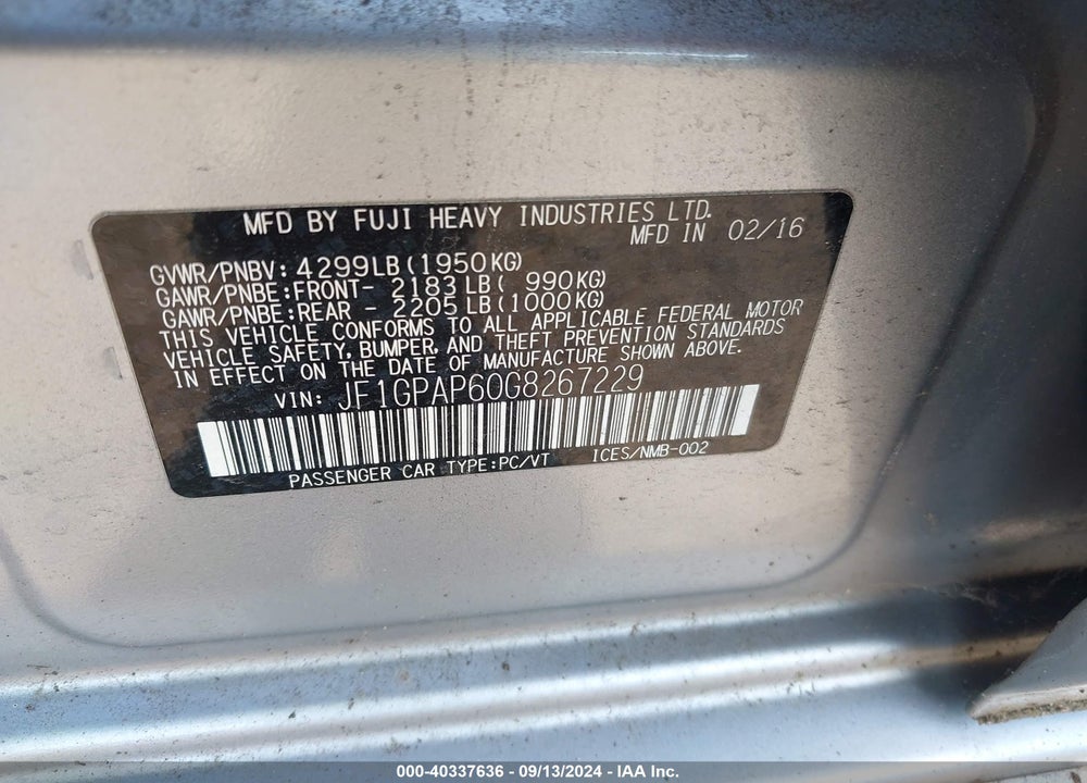2016 SUBARU IMPREZA 2.0I SPORT PREMIUM VIN: JF1GPAP60G8267229