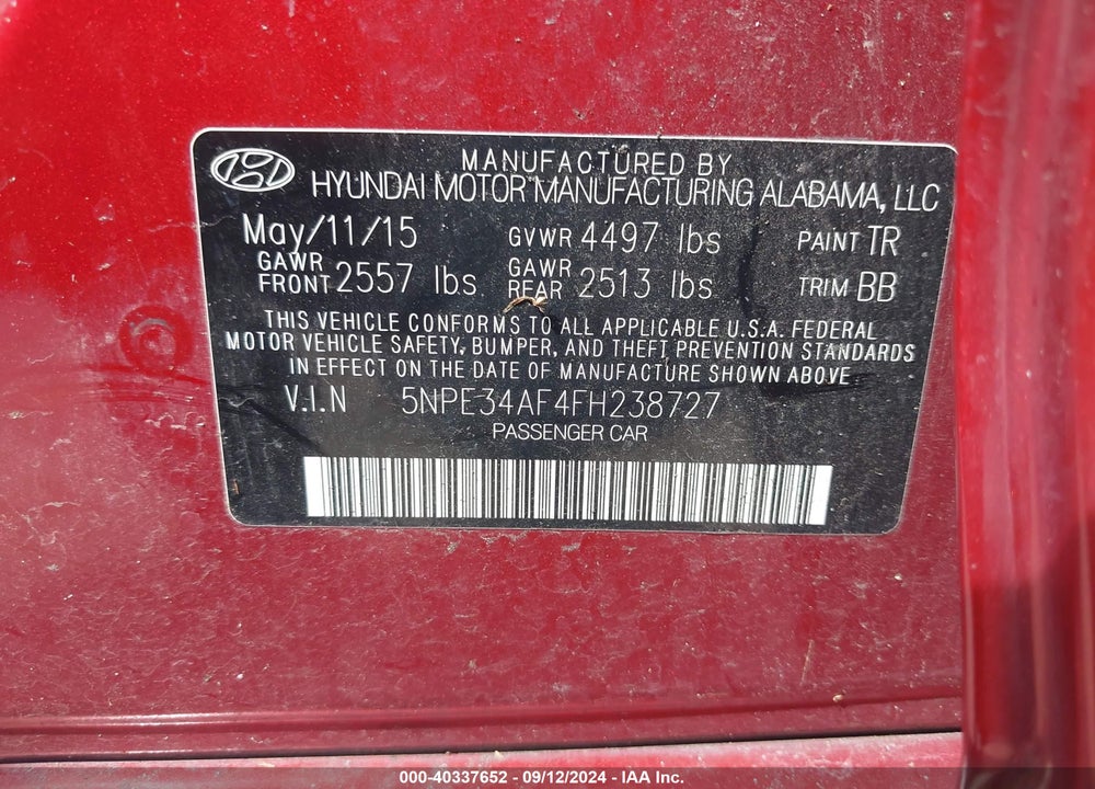 2015 HYUNDAI SONATA LIMITED VIN: 5NPE34AF4FH238727