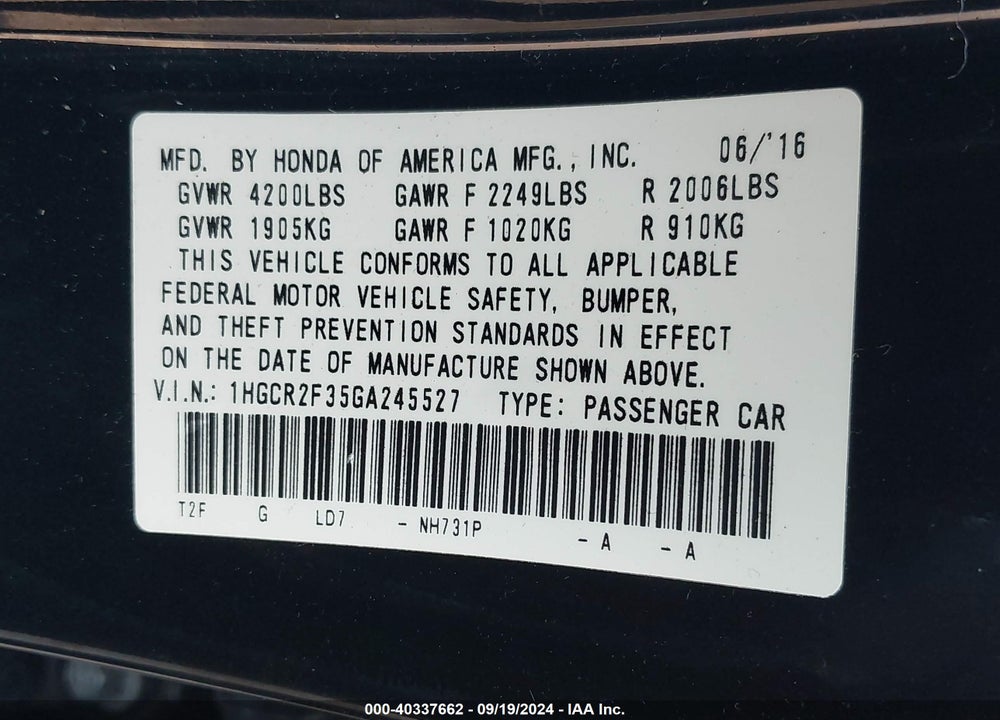 2016 HONDA ACCORD VIN: 1HGCR2F35GA245527