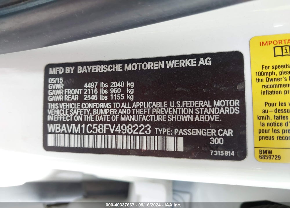 2015 BMW X1 SDRIVE28I VIN: WBAVM1C58FV498223
