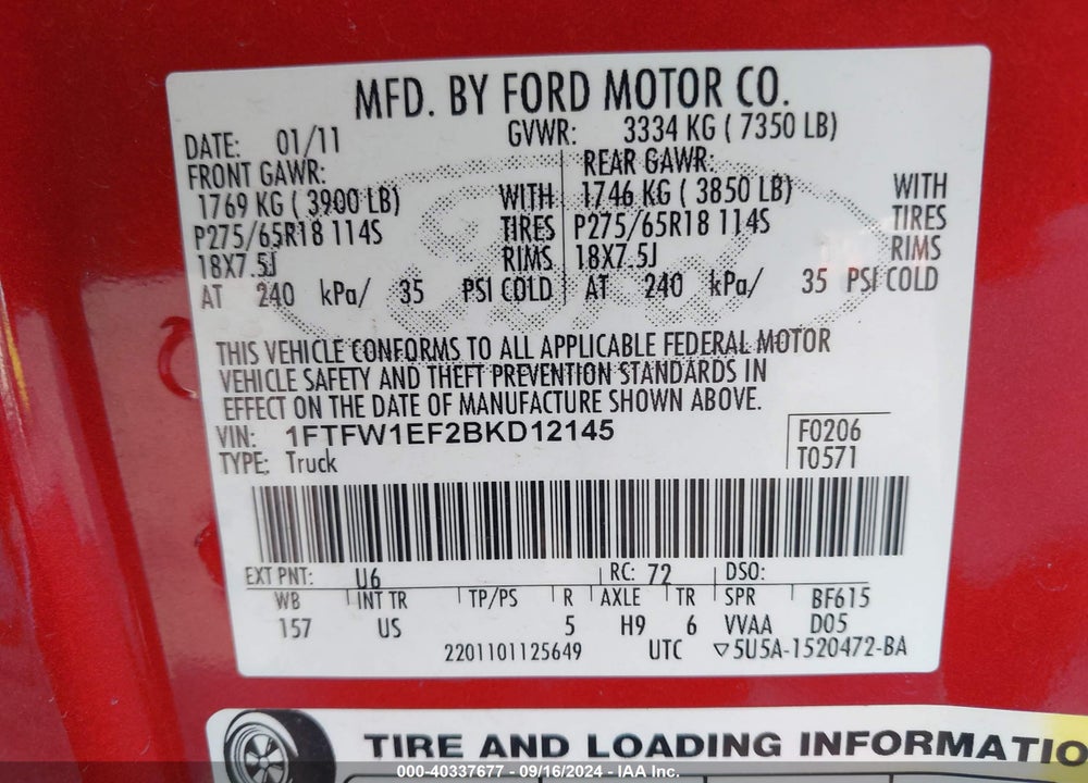 2011 FORD F-150 XLT VIN: 1FTFW1EF2BKD12145