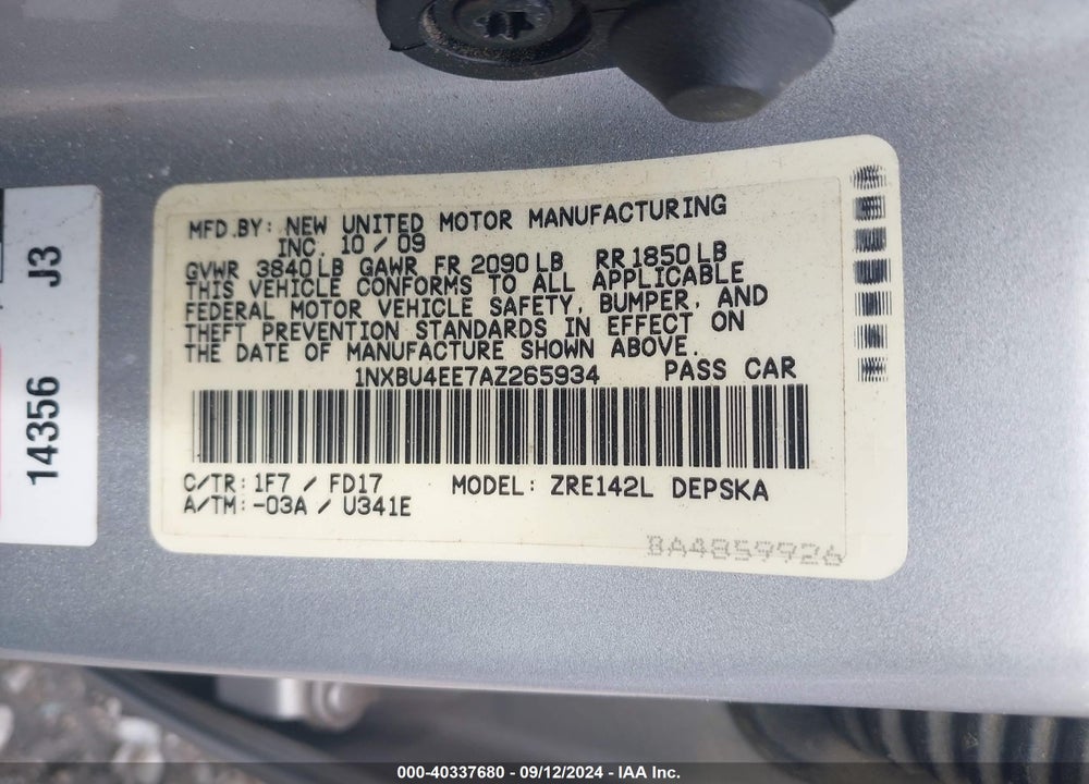 2010 TOYOTA COROLLA S VIN: 1NXBU4EE7AZ265934