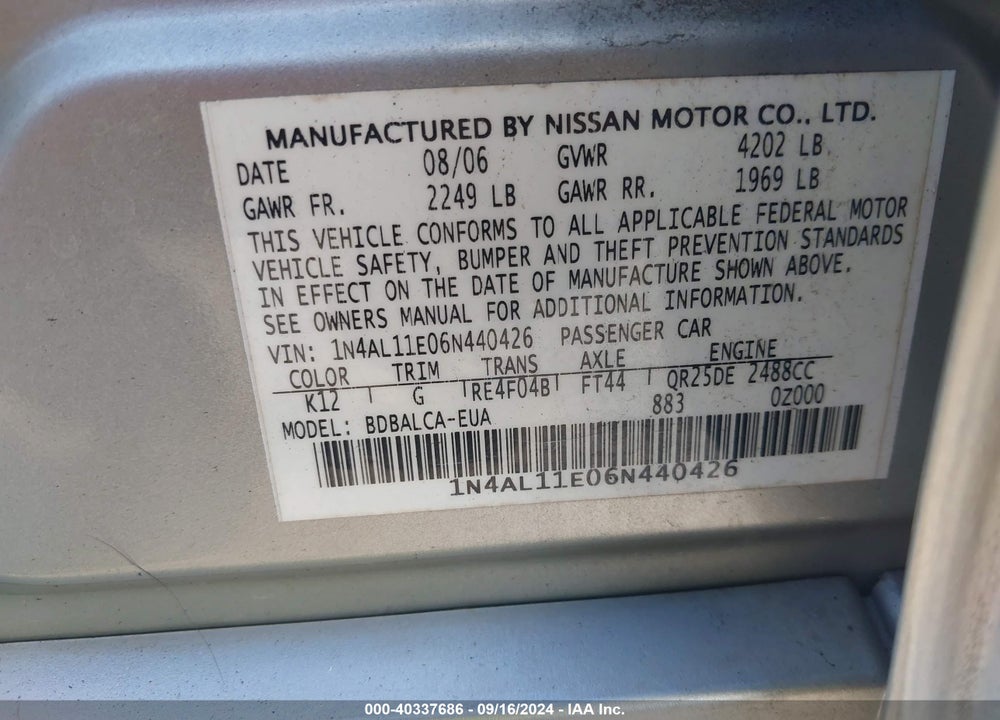 2006 NISSAN ALTIMA 2.5 S VIN: 1N4AL11E06N440426