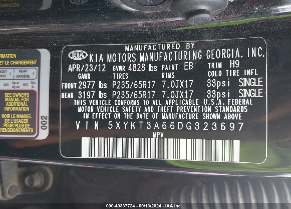 2013 KIA SORENTO LX VIN: 5XYKT3A66DG323697