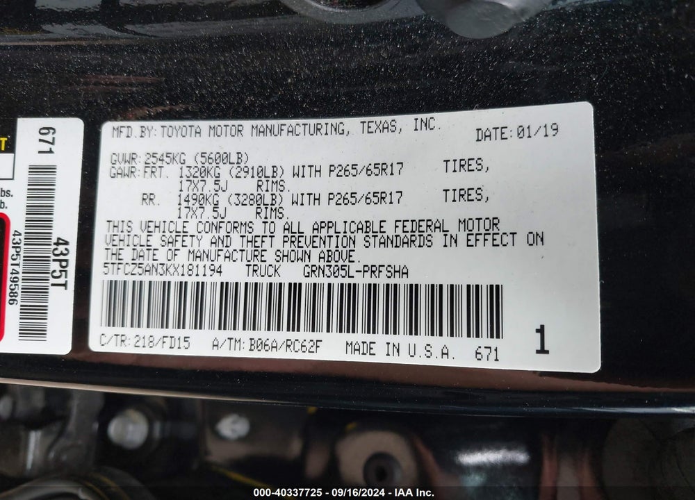 2019 TOYOTA TACOMA TRD SPORT VIN: 5TFCZ5AN3KX181194