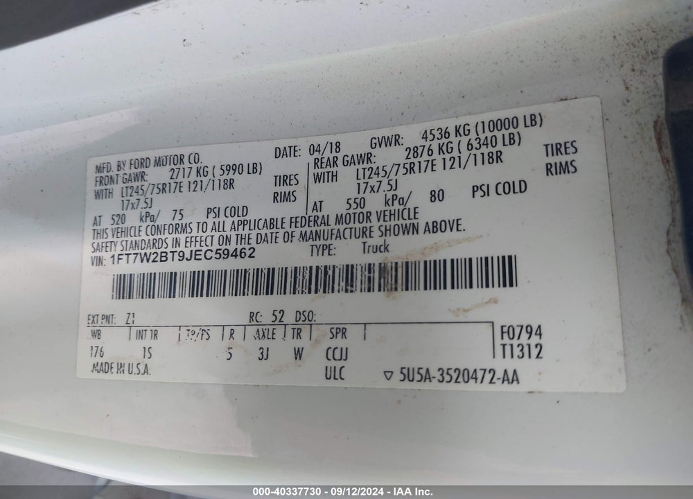 2018 FORD F-250 XL VIN: 1FT7W2BT9JEC59462