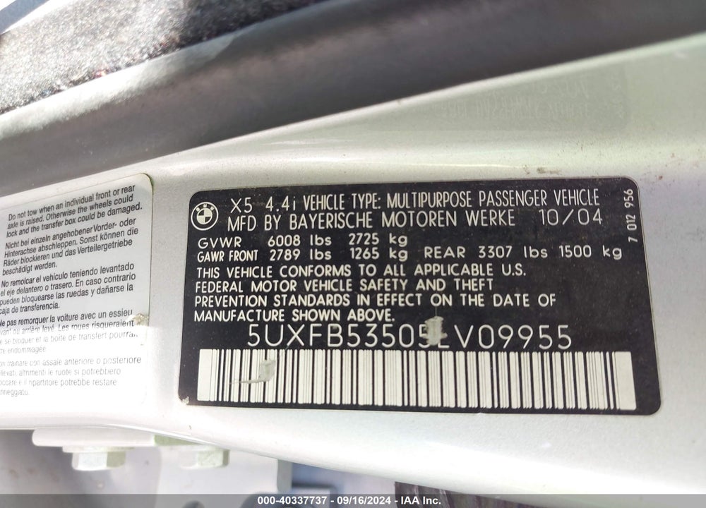 2005 BMW X5 4.4I VIN: 5UXFB53505LV09955