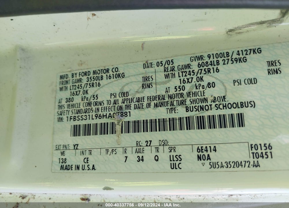 2006 FORD E-350 SUPER DUTY XL/XLT VIN: 1FBSS31L96HA07881