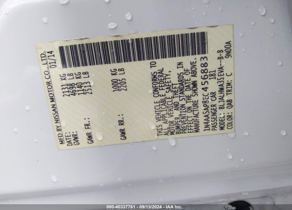 2014 NISSAN MAXIMA 3.5 SV VIN: 1N4AA5AP8EC456883