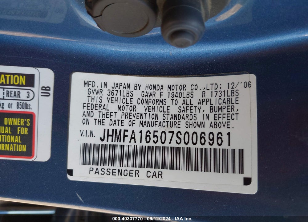2007 HONDA CIVIC LX VIN: JHMFA16507S006961