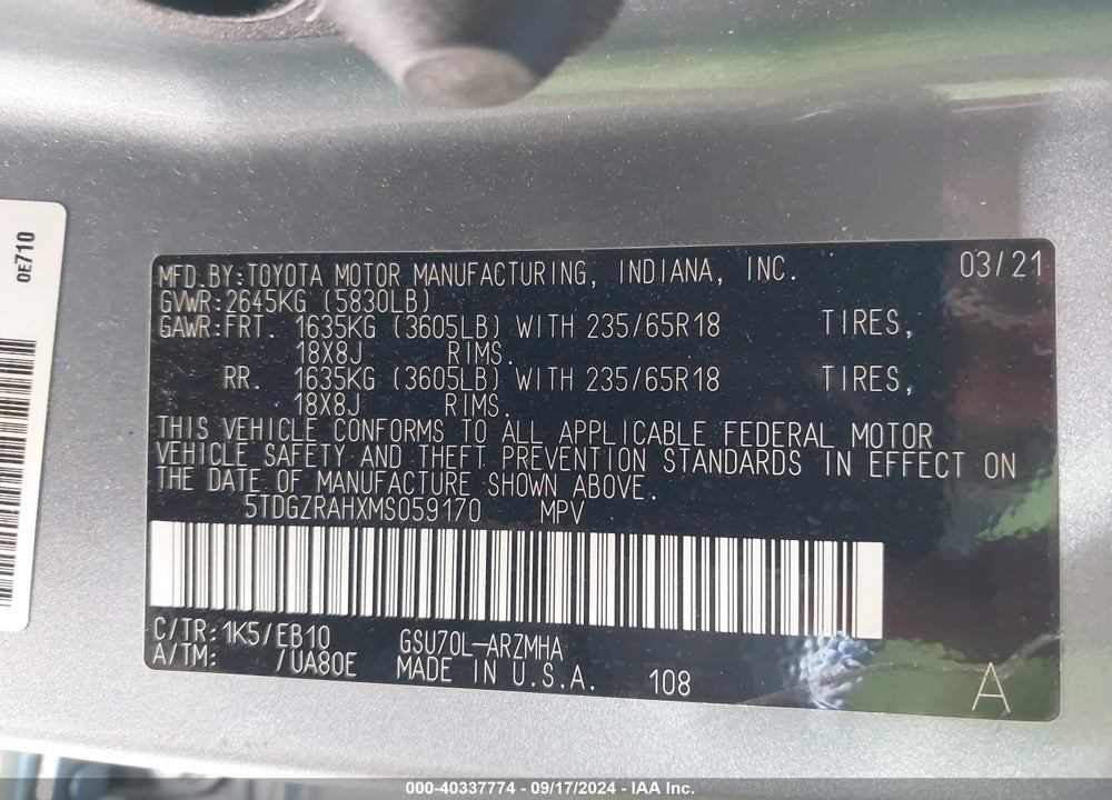2021 TOYOTA HIGHLANDER XLE VIN: 5TDGZRAHXMS059170