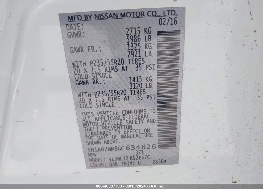 2016 NISSAN PATHFINDER PLATINUM VIN: 5N1AR2MM8GC634826