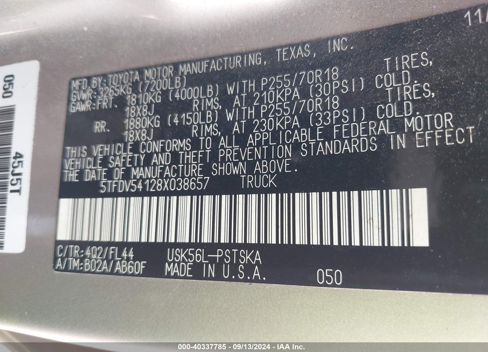 2008 TOYOTA TUNDRA SR5 5.7L V8 VIN: 5TFDV54128X038657