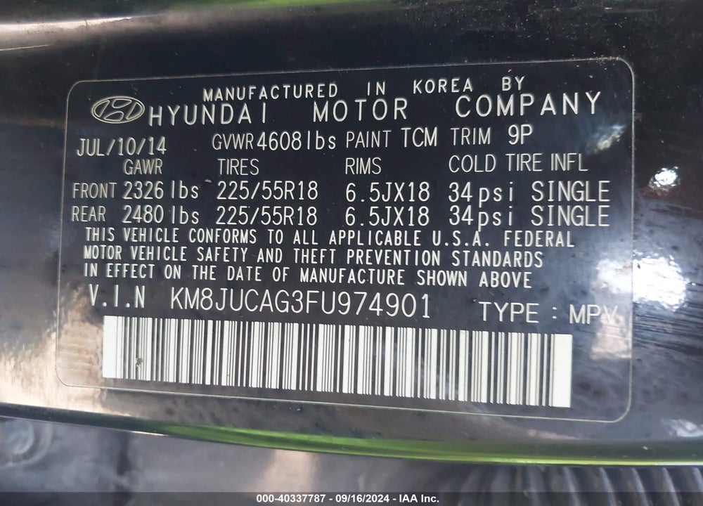 2015 HYUNDAI TUCSON LIMITED VIN: KM8JUCAG3FU974901