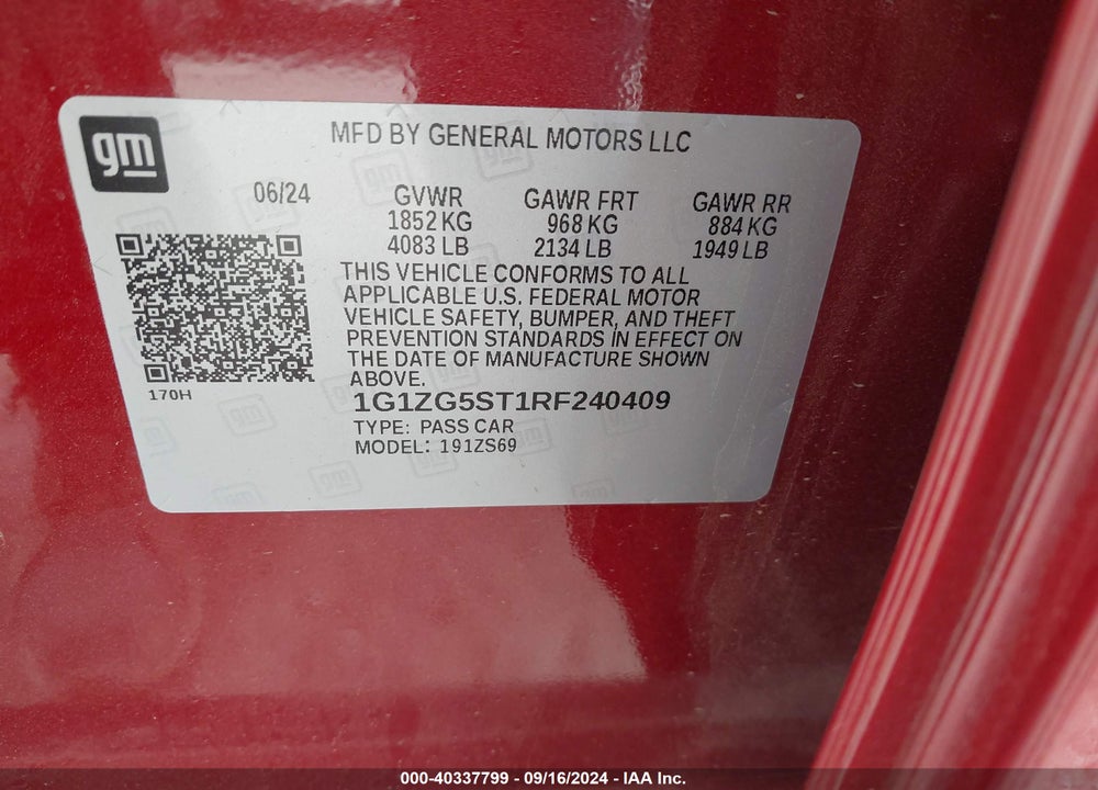 2024 CHEVROLET MALIBU FWD RS VIN: 1G1ZG5ST1RF240409
