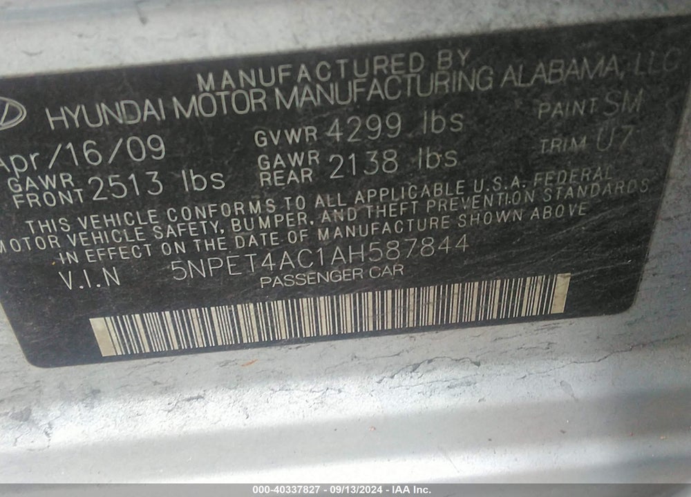 2010 HYUNDAI SONATA GLS VIN: 5NPET4AC1AH587844
