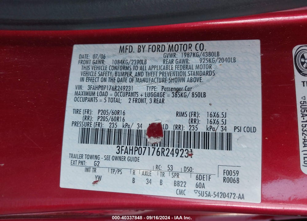 2006 FORD FUSION SE VIN: 3FAHP07176R249231