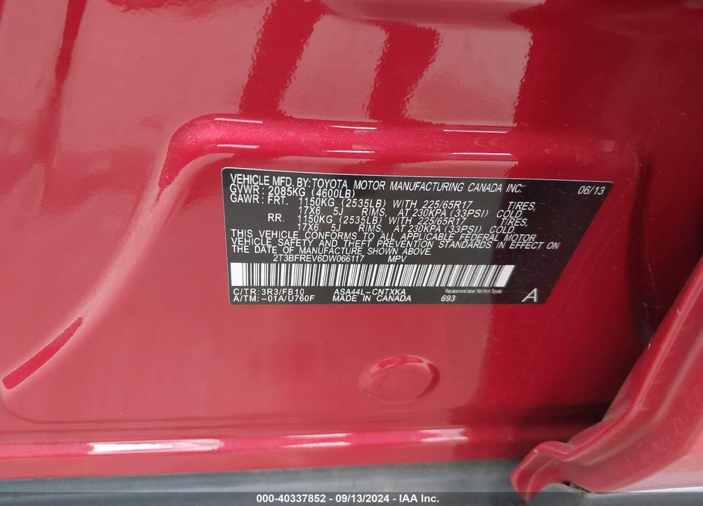 2013 TOYOTA RAV4 LE VIN: 2T3BFREV6DW066117