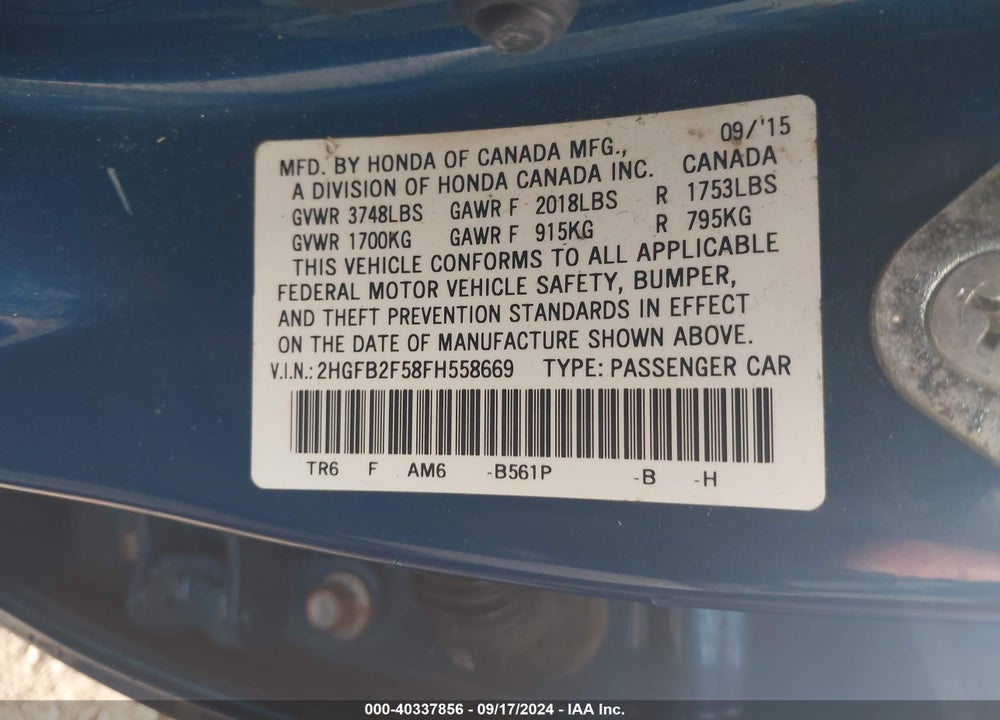 2015 HONDA CIVIC LX VIN: 2HGFB2F58FH558669