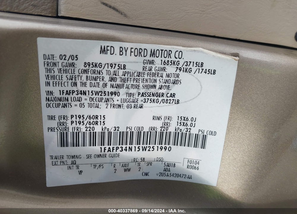 2005 FORD FOCUS ZX4 VIN: 1FAFP34N15W251990