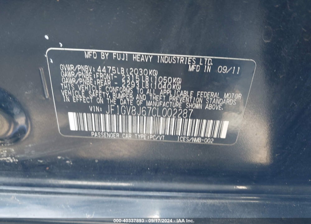 2012 SUBARU IMPREZA WRX STI VIN: JF1GV8J67CL002287