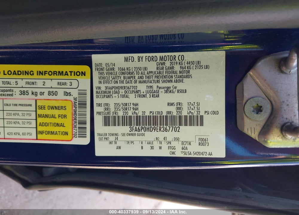 2014 FORD FUSION SE VIN: 3FA6P0HD9ER367702