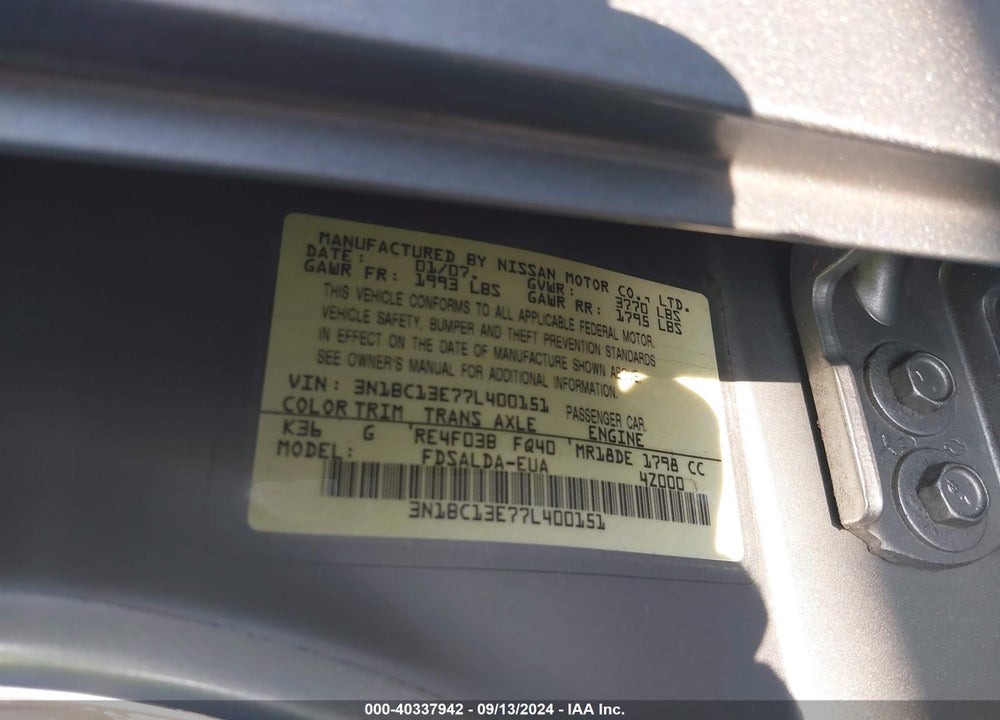 2007 NISSAN VERSA 1.8S VIN: 3N1BC13E77L400151