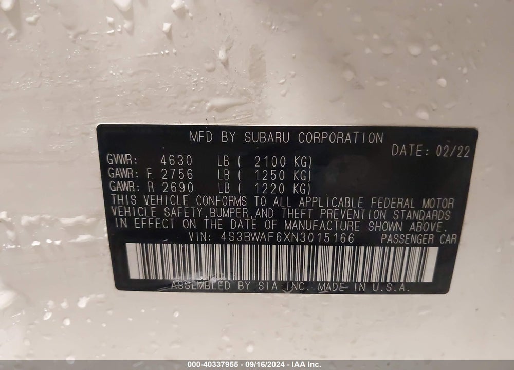 2022 SUBARU LEGACY PREMIUM VIN: 4S3BWAF6XN3015166