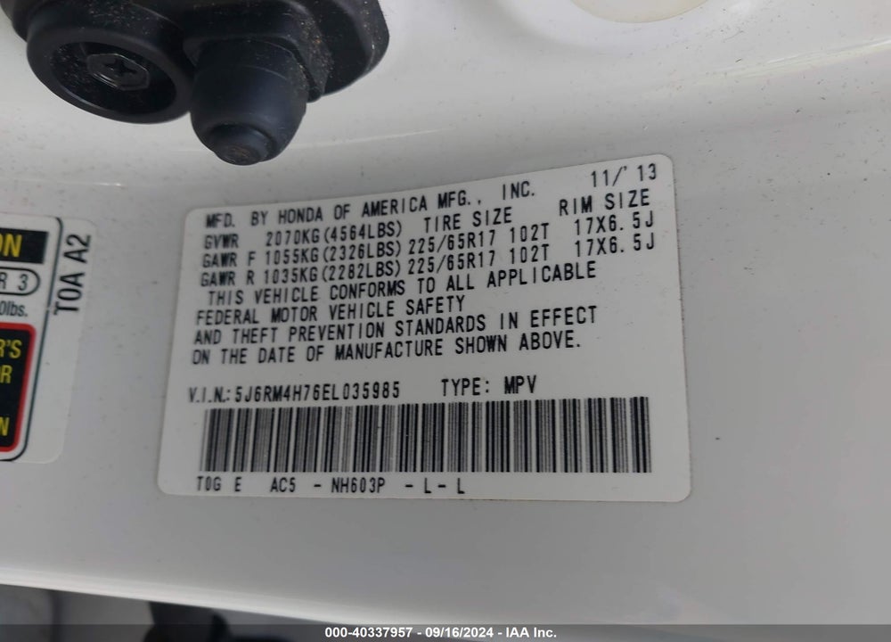 2014 HONDA CR-V EX-L VIN: 5J6RM4H76EL035985