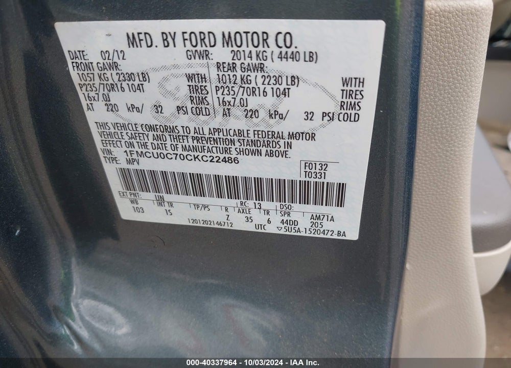 2012 FORD ESCAPE XLS VIN: 1FMCU0C70CKC22486