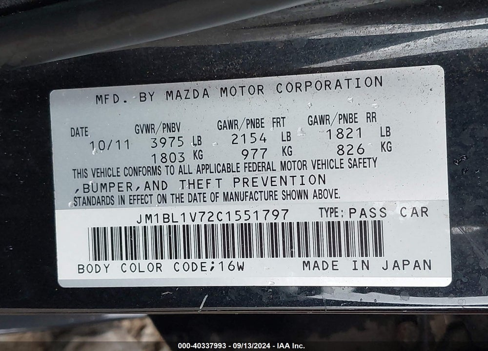 2012 MAZDA 3 I TOURING VIN: JM1BL1V72C1551797
