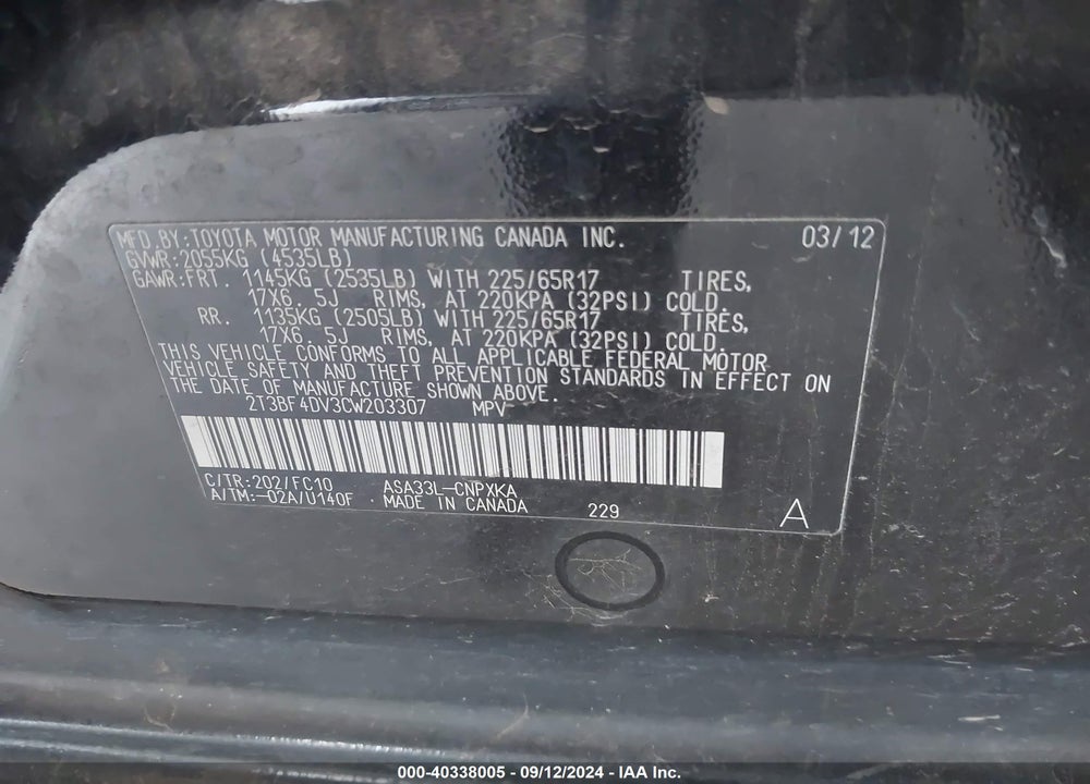 2012 TOYOTA RAV4 VIN: 2T3BF4DV3CW203307