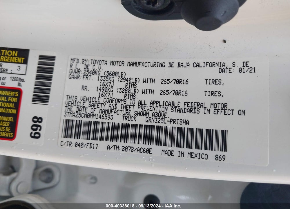 2021 TOYOTA TACOMA TRD OFF ROAD VIN: 3TMAZ5CN0MM146593