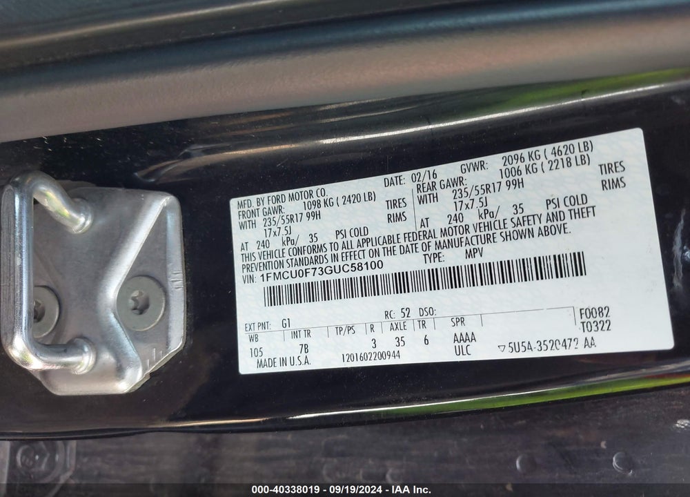 2016 FORD ESCAPE S VIN: 1FMCU0F73GUC58100