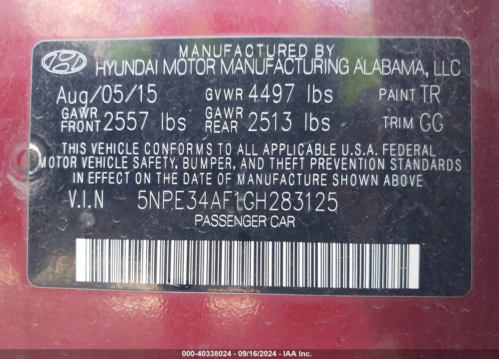 2016 HYUNDAI SONATA SPORT VIN: 5NPE34AF1GH283125