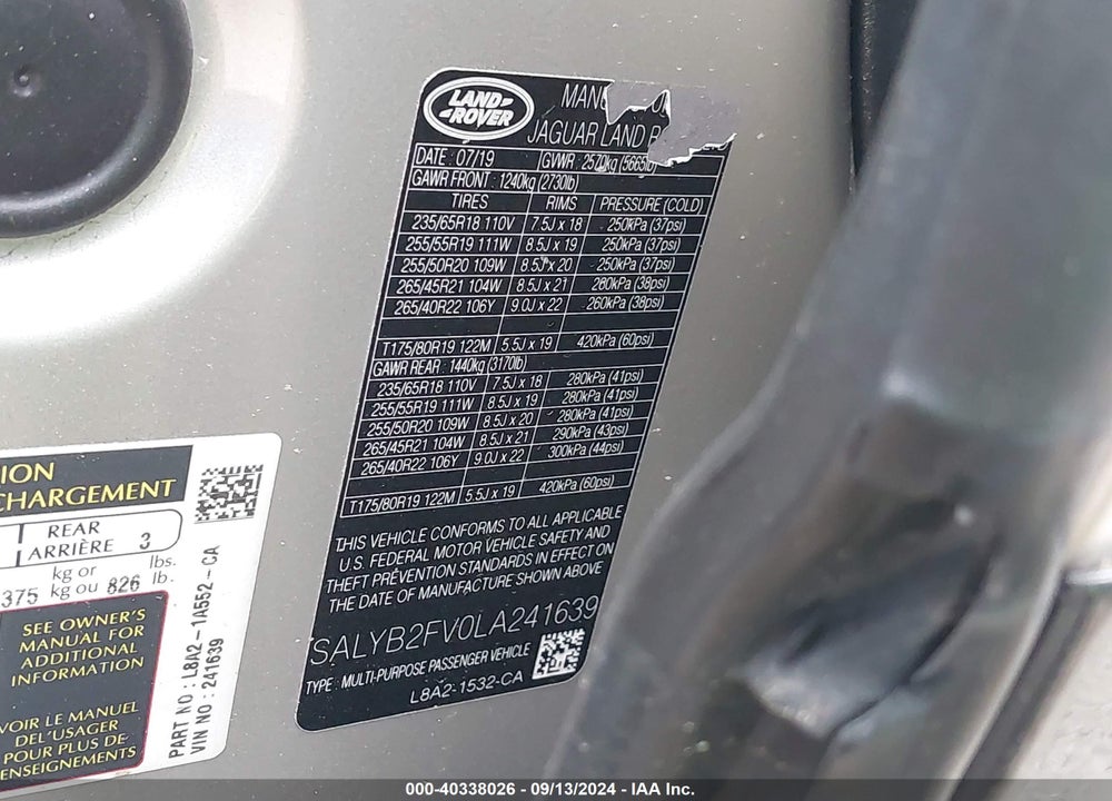 2020 LAND ROVER RANGE ROVER VELAR P340 S VIN: SALYB2FV0LA241639