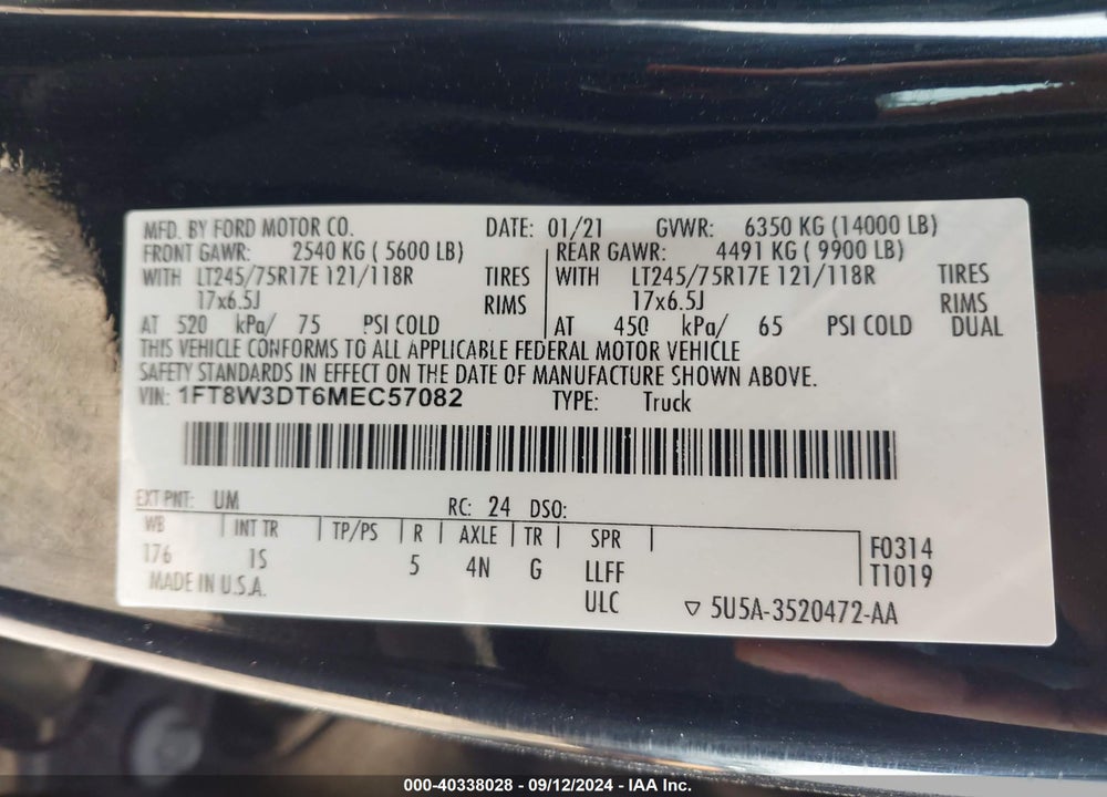 2021 FORD F-350 XL VIN: 1FT8W3DT6MEC57082