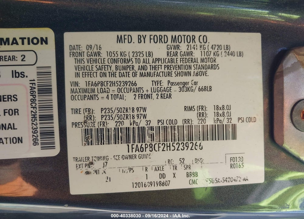 2017 FORD MUSTANG GT VIN: 1FA6P8CF2H5239266