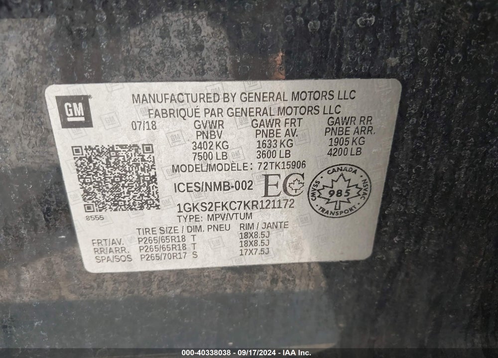 2019 GMC YUKON XL SLE VIN: 1GKS2FKC7KR121172