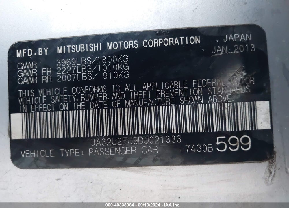 2013 MITSUBISHI LANCER ES VIN: JA32U2FU9DU021333