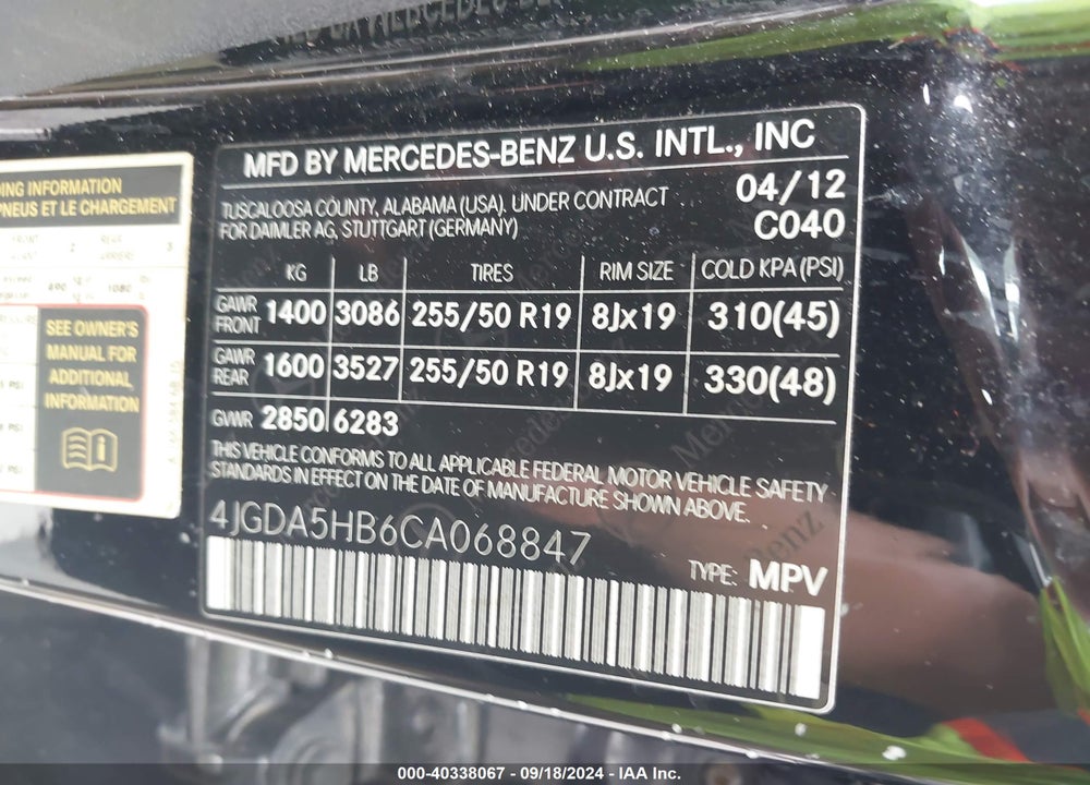 2012 MERCEDES-BENZ ML 350 4MATIC VIN: 4JGDA5HB6CA068847