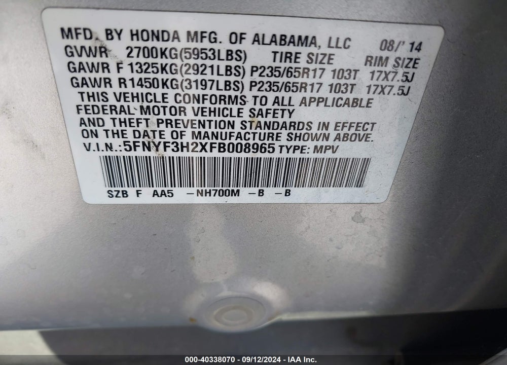 2015 HONDA PILOT LX VIN: 5FNYF3H2XFB008965