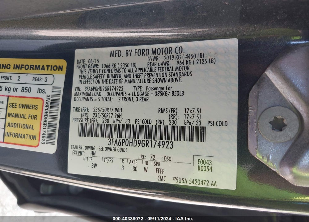 2016 FORD FUSION SE VIN: 3FA6P0HD9GR174923