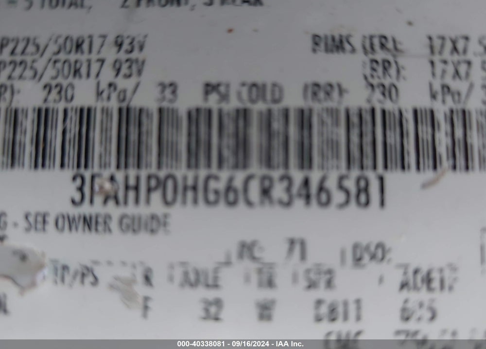2012 FORD FUSION SE VIN: 3FAHP0HG6CR346581