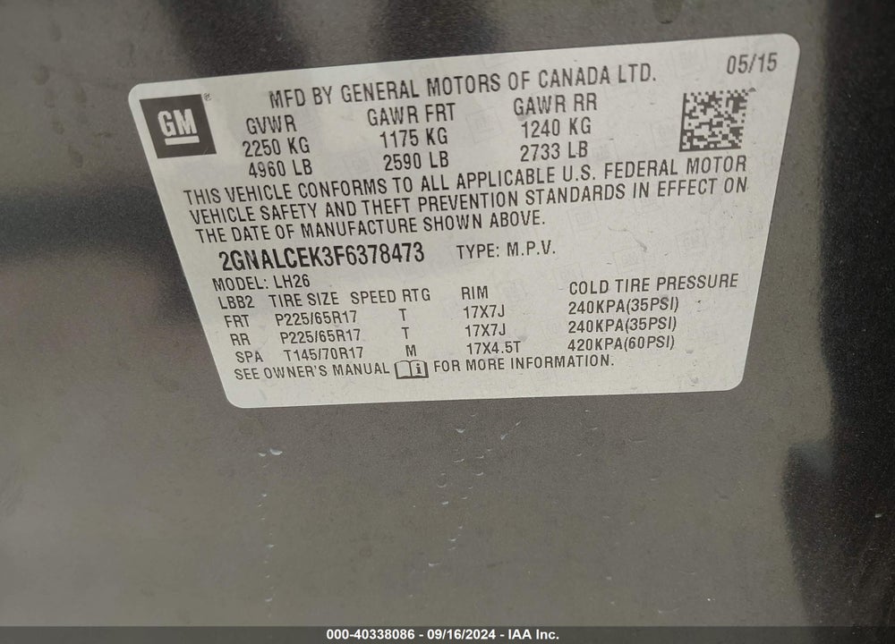 2015 CHEVROLET EQUINOX 2LT VIN: 2GNALCEK3F6378473